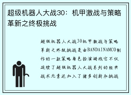 超级机器人大战30：机甲激战与策略革新之终极挑战